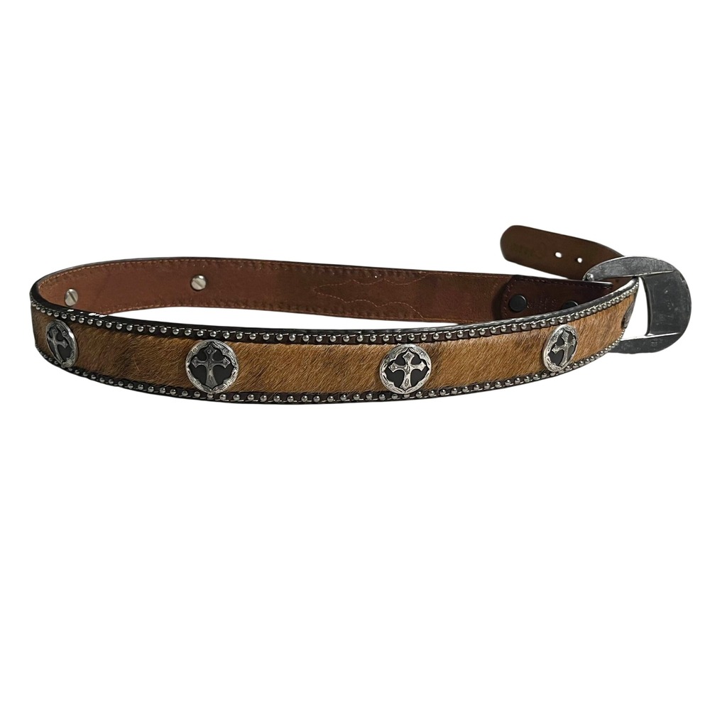 Mens Western Genuine Leather Hair-on Cowhide Belt Silver Buckle Cross - Picture 2 of 10